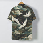 Buddha Stones Red-crowned Crane Golden White Clouds Wave Pattern Buttons Breathable Men's Short Sleeve Shirt