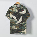 Buddha Stones Red-crowned Crane Golden White Clouds Wave Pattern Buttons Breathable Men's Short Sleeve Shirt