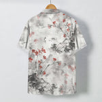 Buddha Stones Ink Red Floral Branch Blossom Houses Pattern Buttons Breathable Men's Short Sleeve Shirt