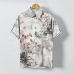 Buddha Stones Ink Red Floral Branch Blossom Houses Pattern Buttons Breathable Men's Short Sleeve Shirt