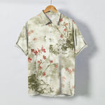 Buddha Stones Ink Red Floral Branch Blossom Houses Pattern Buttons Breathable Men's Short Sleeve Shirt