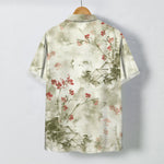 Buddha Stones Ink Red Floral Branch Blossom Houses Pattern Buttons Breathable Men's Short Sleeve Shirt