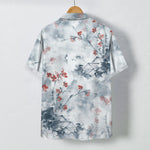 Buddha Stones Ink Red Floral Branch Blossom Houses Pattern Buttons Breathable Men's Short Sleeve Shirt