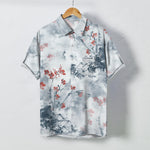 Buddha Stones Ink Red Floral Branch Blossom Houses Pattern Buttons Breathable Men's Short Sleeve Shirt