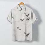 Buddha Stones Ink Landscape Crane Mountain Ranges Pattern Buttons Breathable Men's Short Sleeve Shirt