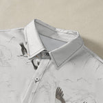 Buddha Stones Ink Landscape Crane Mountain Ranges Pattern Buttons Breathable Men's Short Sleeve Shirt