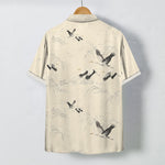 Buddha Stones Ink Landscape Crane Mountain Ranges Pattern Buttons Breathable Men's Short Sleeve Shirt