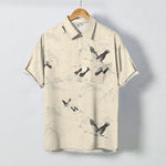 Buddha Stones Ink Landscape Crane Mountain Ranges Pattern Buttons Breathable Men's Short Sleeve Shirt