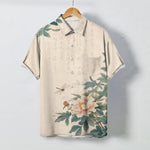 Buddha Stones Pink Peony Leaf Dragonfly Pattern Buttons Breathable Men's Short Sleeve Shirt
