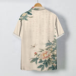Buddha Stones Pink Peony Leaf Dragonfly Pattern Buttons Breathable Men's Short Sleeve Shirt