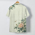 Buddha Stones Pink Peony Leaf Dragonfly Pattern Buttons Breathable Men's Short Sleeve Shirt