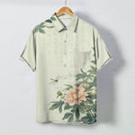 Buddha Stones Pink Peony Leaf Dragonfly Pattern Buttons Breathable Men's Short Sleeve Shirt