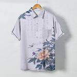 Buddha Stones Pink Peony Leaf Dragonfly Pattern Buttons Breathable Men's Short Sleeve Shirt