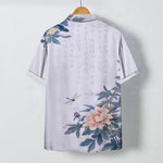 Buddha Stones Pink Peony Leaf Dragonfly Pattern Buttons Breathable Men's Short Sleeve Shirt