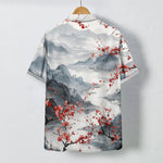 Buddha Stones Ink Landscape Red Blossom Mountains Pattern Buttons Breathable Men's Short Sleeve Shirt
