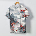Buddha Stones Ink Landscape Red Blossom Mountains Pattern Buttons Breathable Men's Short Sleeve Shirt
