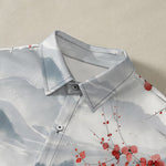 Buddha Stones Ink Landscape Red Blossom Mountains Pattern Buttons Breathable Men's Short Sleeve Shirt