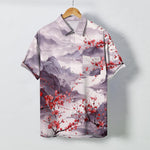 Buddha Stones Ink Landscape Red Blossom Mountains Pattern Buttons Breathable Men's Short Sleeve Shirt