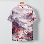 Buddha Stones Ink Landscape Red Blossom Mountains Pattern Buttons Breathable Men's Short Sleeve Shirt