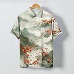 Buddha Stones Ink Landscape Red Blossom Mountains Pattern Buttons Breathable Men's Short Sleeve Shirt