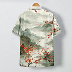 Buddha Stones Ink Landscape Red Blossom Mountains Pattern Buttons Breathable Men's Short Sleeve Shirt