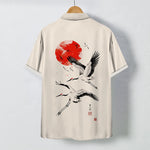 Buddha Stones Red Sun Flying Crane Pattern Buttons Breathable Men's Short Sleeve Shirt