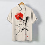 Buddha Stones Red Sun Flying Crane Pattern Buttons Breathable Men's Short Sleeve Shirt