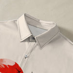 Buddha Stones Red Sun Flying Crane Pattern Buttons Breathable Men's Short Sleeve Shirt