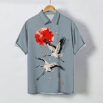 Buddha Stones Red Sun Flying Crane Pattern Buttons Breathable Men's Short Sleeve Shirt