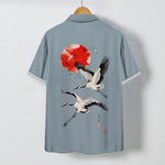 Buddha Stones Red Sun Flying Crane Pattern Buttons Breathable Men's Short Sleeve Shirt