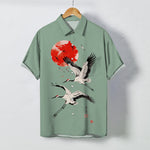 Buddha Stones Red Sun Flying Crane Pattern Buttons Breathable Men's Short Sleeve Shirt