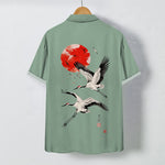 Buddha Stones Red Sun Flying Crane Pattern Buttons Breathable Men's Short Sleeve Shirt