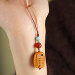 Buddha Stones Hand Carved Sandalwood Cat Fish Purification Keychains