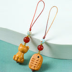 Buddha Stones Hand Carved Sandalwood Cat Fish Purification Keychains