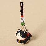 Buddha Stones Natural Wood Hand-Carved Lying Cat Om Mani Padme Hum Peace Keychains
