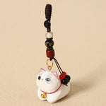 Buddha Stones Natural Wood Hand-Carved Lying Cat Om Mani Padme Hum Peace Keychains