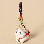 Buddha Stones Natural Wood Hand-Carved Lying Cat Om Mani Padme Hum Peace Keychains