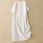 Buddha Stones Summer V-Neck Frog-Button Short Sleeve Women's Midi Dress