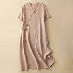 Buddha Stones Summer V-Neck Frog-Button Short Sleeve Women's Midi Dress