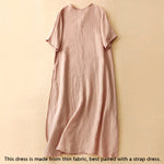 Buddha Stones Summer V-Neck Frog-Button Short Sleeve Women's Midi Dress