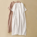 Buddha Stones Summer V-Neck Frog-Button Short Sleeve Women's Midi Dress