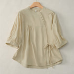 Buddha Stones Lace-up Buttons Design Women's Three Quarter Sleeve Shirt
