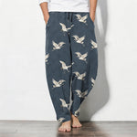 Buddha Stones Pure Cotton Flying White Crane Pattern Drawstring Men's Tapered Pants With Pockets