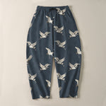 Buddha Stones Pure Cotton Flying White Crane Pattern Drawstring Men's Tapered Pants With Pockets