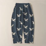 Buddha Stones Pure Cotton Flying White Crane Pattern Drawstring Men's Tapered Pants With Pockets