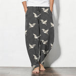 Buddha Stones Pure Cotton Flying White Crane Pattern Drawstring Men's Tapered Pants With Pockets