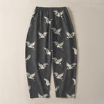 Buddha Stones Pure Cotton Flying White Crane Pattern Drawstring Men's Tapered Pants With Pockets