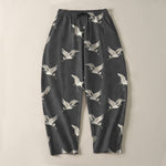 Buddha Stones Pure Cotton Flying White Crane Pattern Drawstring Men's Tapered Pants With Pockets