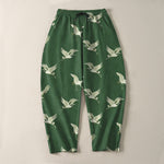 Buddha Stones Pure Cotton Flying White Crane Pattern Drawstring Men's Tapered Pants With Pockets