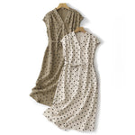 Buddha Stones Summer Polka Dot V-Neck Lace-up Women's Knee Length Dress With Pockets